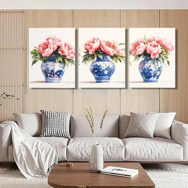3pcs Blue and White Porcelain Vase Perfect Wall Art Set Canvas Framed 40x60cm - High Quality Print 100% Australian Made Wall Canvas Ready to Hang