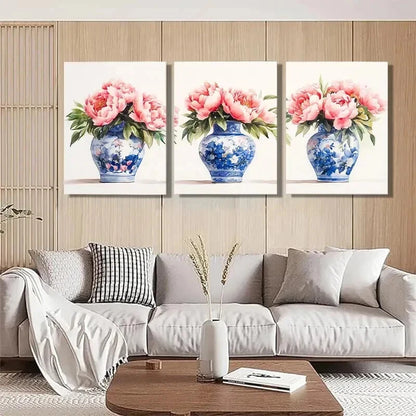 3pcs Blue and White Porcelain Vase Perfect Wall Art Set Canvas Framed 40x60cm - High Quality Print 100% Australian Made Wall Canvas Ready to Hang