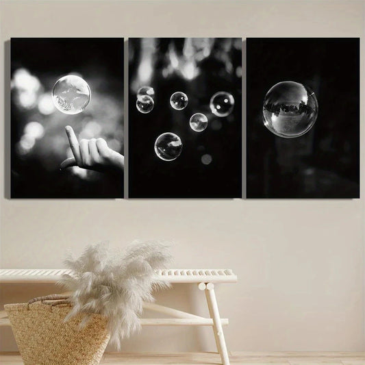 3pcs Abstract Bubble Black and White Metal Print Ready to Hang Art