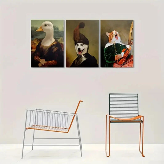 3pcs Royal Pet Portraits - Animal Art Painting Metal Print Ready to Hang Art