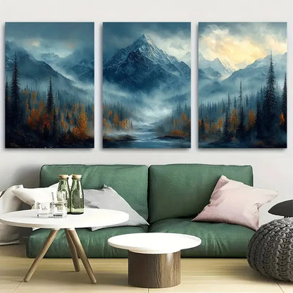 3pcs Misty Forest Scenery with Snow-Capped Peaks Metal Print Ready to Hang Art