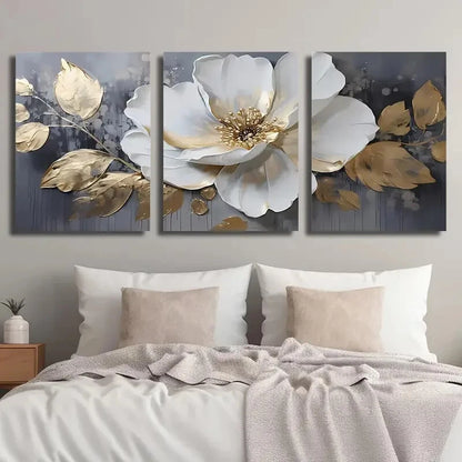 3pcs Elegant White & Golden Flowers Perfect Wall Art Set Canvas Framed 40x60cm - High Quality Print 100% Australian Made Wall Canvas Ready to Hang.