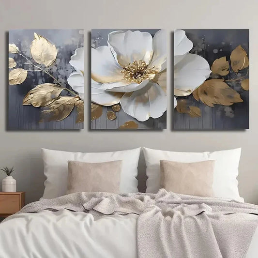 3pcs Elegant White & Golden Flowers Perfect Wall Art Set Canvas Framed 40x60cm - High Quality Print 100% Australian Made Wall Canvas Ready to Hang.