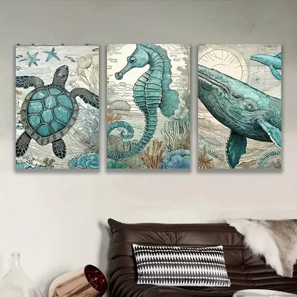 3pcs Coastal Seahorse Turtle & Whale Ocean Theme Wall Art Set Canvas Framed 60x90cm - High Quality Print 100% Australian Made Wall Canvas Ready to Hang