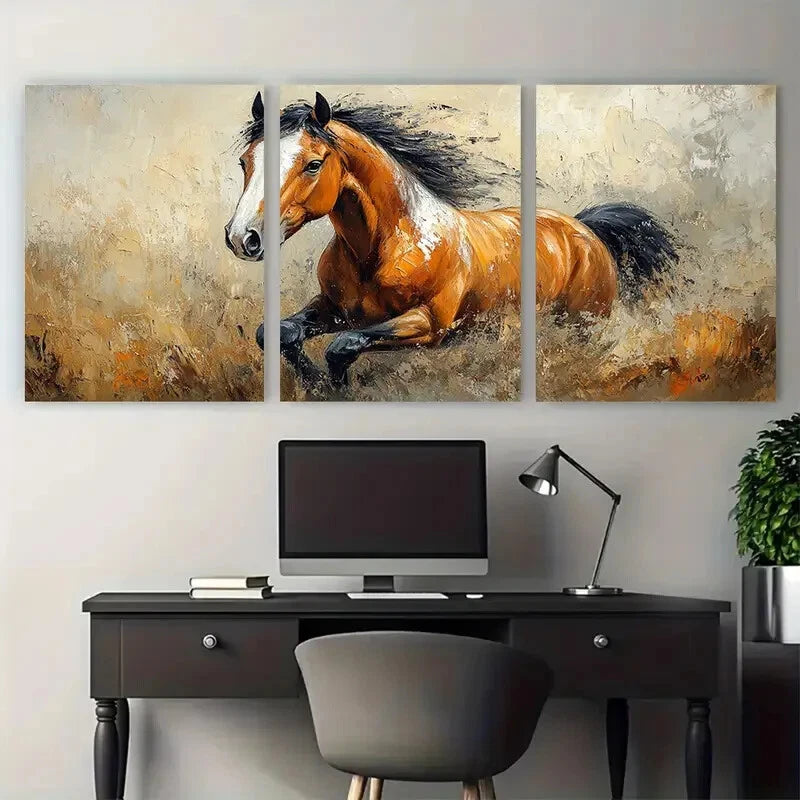 3pcs Horse Running Portrait Illustration Metal Print Ready to Hang Art