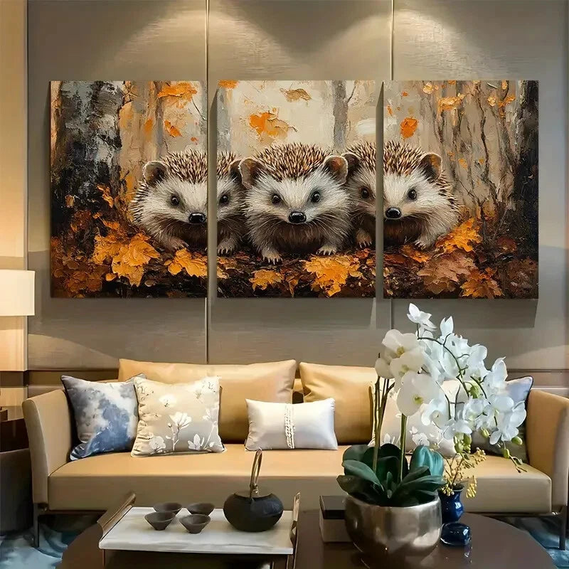 3pcs Hedgehog Family Cozy Forest Metal Print Ready to Hang Art