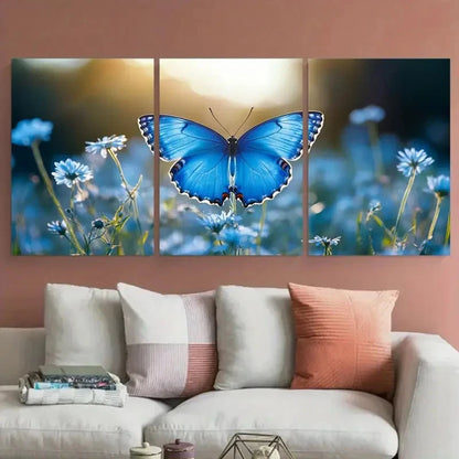 3pcs Pastel Blue Butterfly Serene Summer Meadow Metal Print Ready to Hang Art