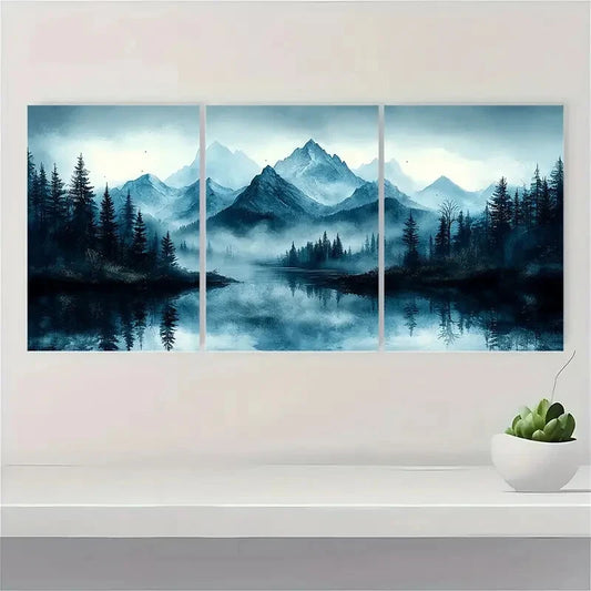 3pcs Abstract Misty Forest & Mountain Landscape Metal Print Ready to Hang Art
