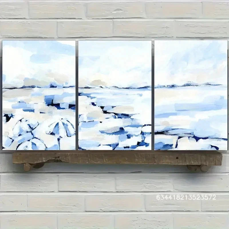 3pcs Modern Blue and White Coastline Poster Metal Print Ready to Hang Art