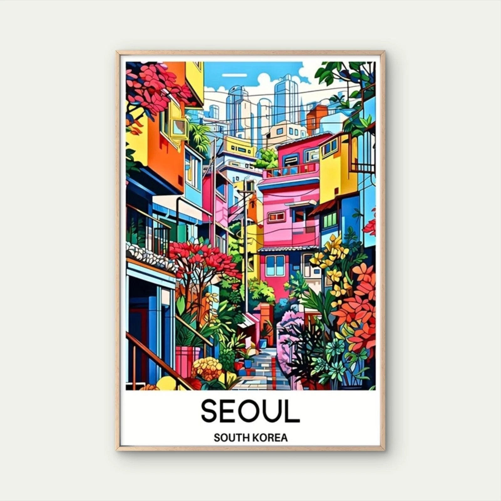 Seoul, Painting with Colorful Korean Houses Travel Poster Print Wall Art - Bella Home Decor