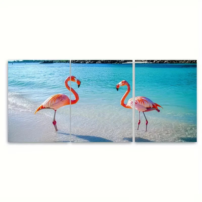 3pcs Pink Flamingo Beach Photography Metal Print Ready to Hang Art