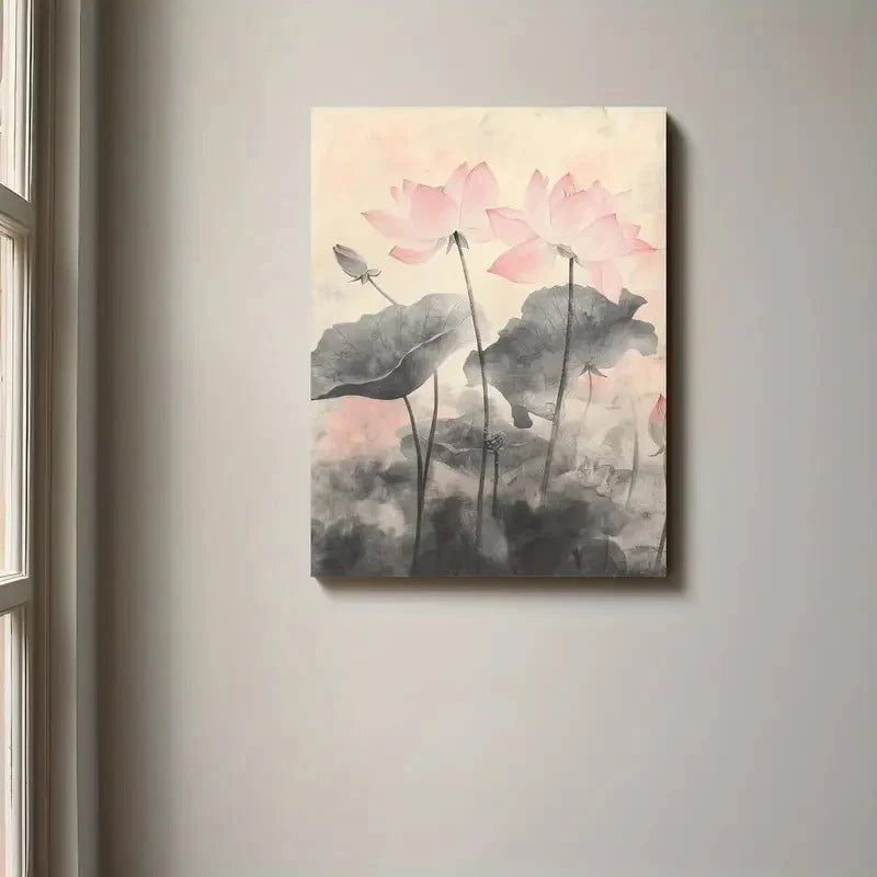 Painting of pink lotus flowers on a gray background, hanging on a wall.