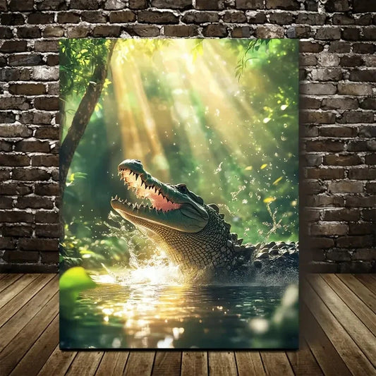 Vibrant Alligator Scene with Sunlit Meadow Painting  40x60cm Metal Print Ready to Hang