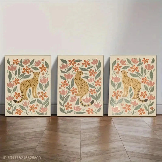 3pcs Cheetah & Floral Mid-Century Vintage Style Metal Print Ready to Hang Art