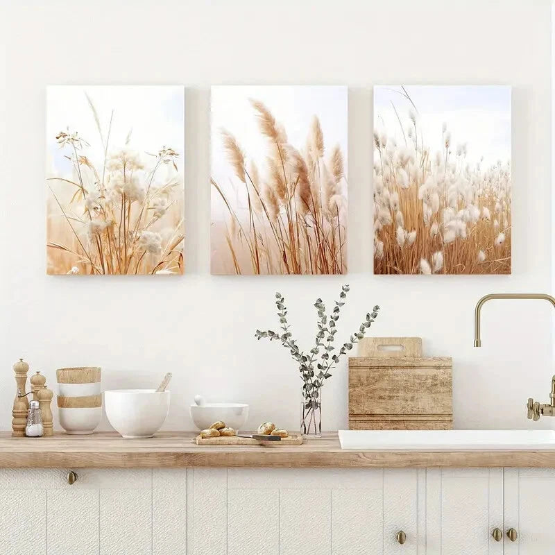 3pcs Beige Flower Painting Dried Grass Creative Metal Print Ready to Hang Art