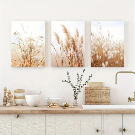 3pcs Beige Flower Painting Dried Grass Creative Metal Print Ready to Hang Art