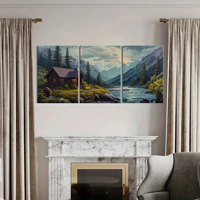 3pcs Rustic Mountain Cabin Bear & River Landscape Metal Print Ready to Hang Art