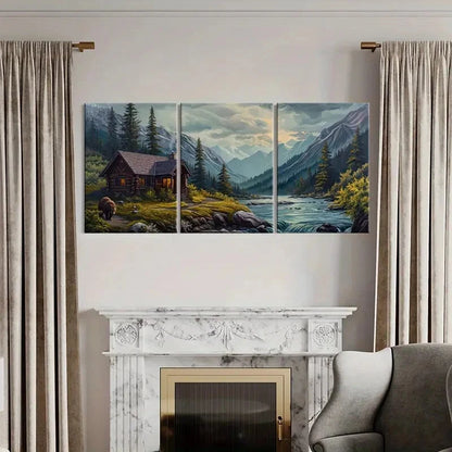 3pcs Rustic Mountain Cabin Bear & River Landscape Metal Print Ready to Hang Art