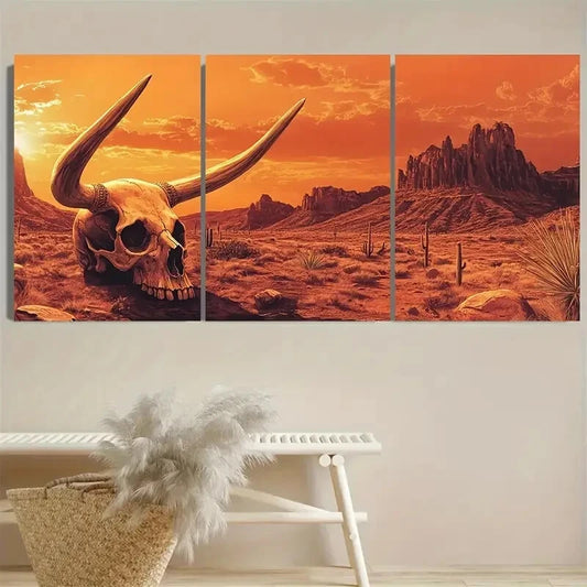 3pcs Cow Skull Western Retro Desert Arizona Sunset Metal Print Ready to Hang Art
