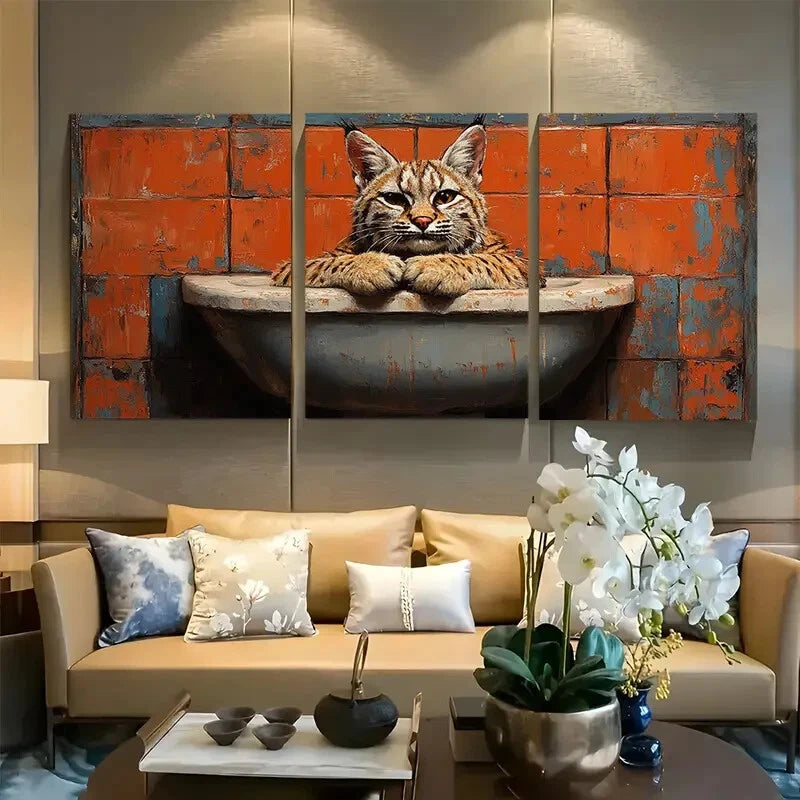 3pcs Whimsical Bobcat on Toilet Metal Print Ready to Hang Art