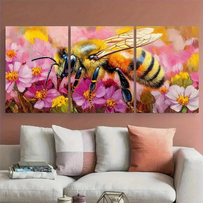 3pcs Vibrant Honeybee on Pink Florals Metal Print Ready to Hang Art