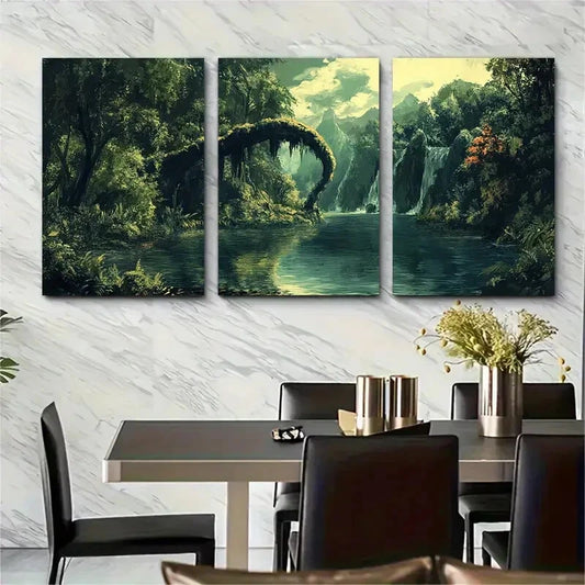 3pcs Mystical Loch Ness Monster Scene with Water Metal Print Ready to Hang Art