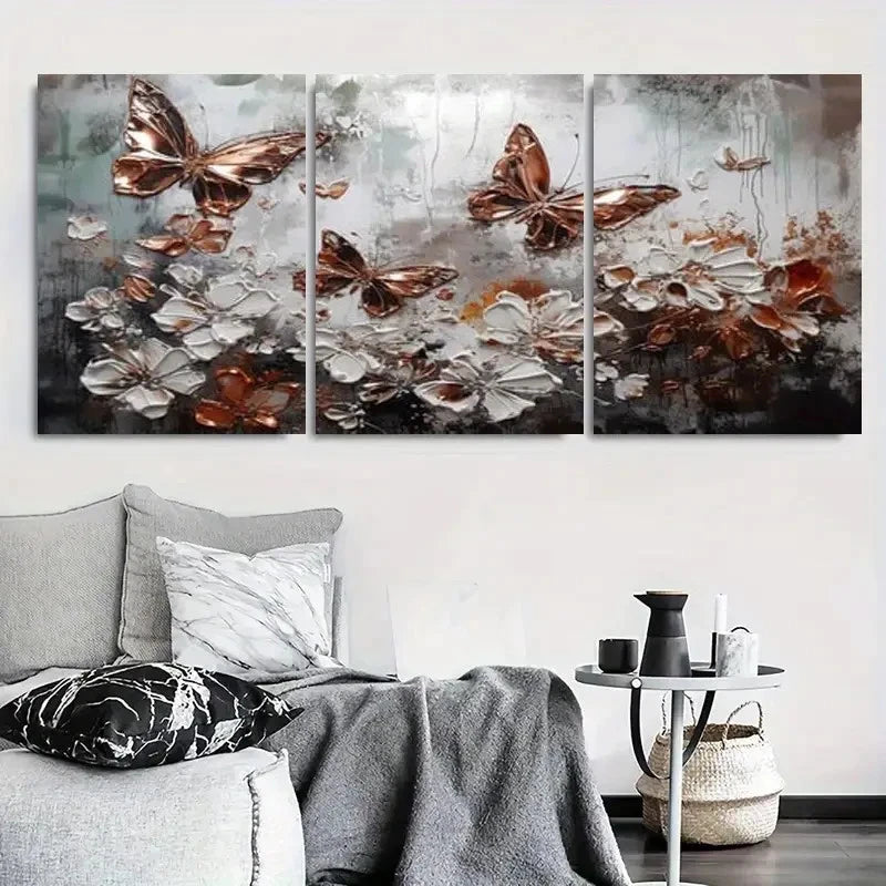 3pcs Golden Butterflies & White Flowers Metal Print Ready to Hang Art