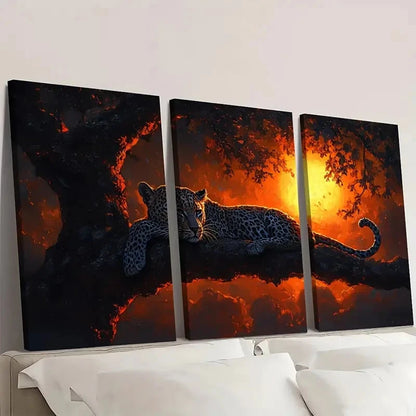 3pcs Leopard at Sunset Tree DI Wall Art Set Canvas Framed 50x70cm - High Quality Print 100% Australian Made Wall Canvas Ready to Hang