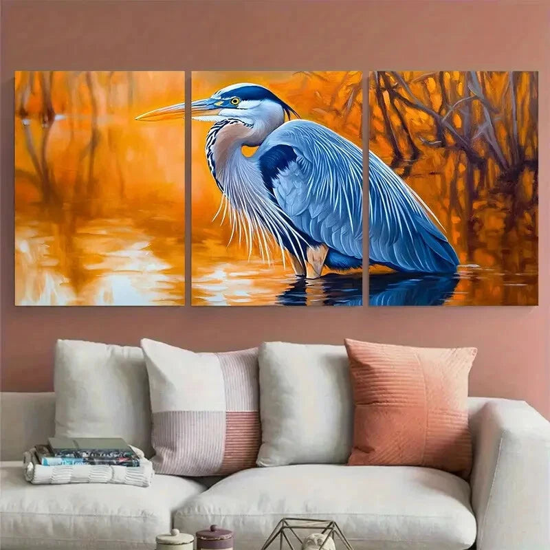 3pcs Great Blue Heron Painting Swamp Animals Metal Print Ready to Hang Art