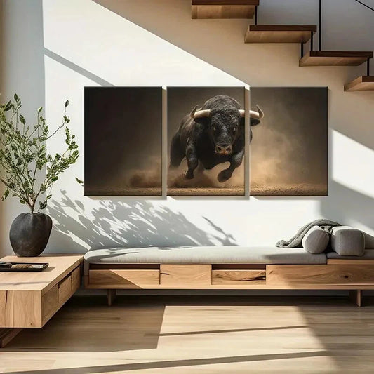 3pcs Bull Charge Dust Cloud Dynamic Action Metal Print Ready to Hang Art