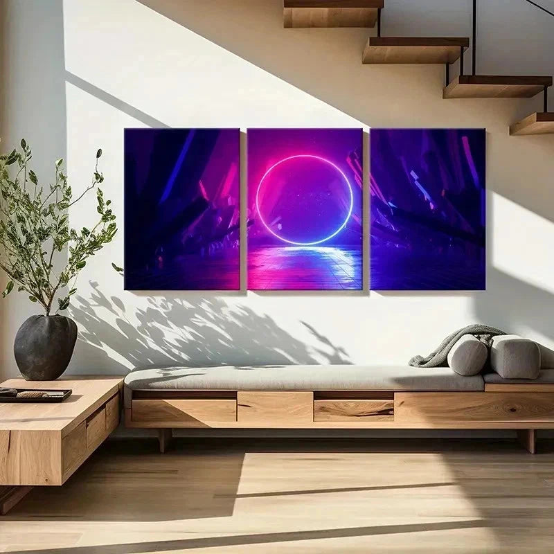 3pcs Neon Sci-fi Circle Fantasy Landscape Wall Art Set Canvas Framed 40x60cm - High Quality Print 100% Australian Made Wall Canvas Ready to Hang