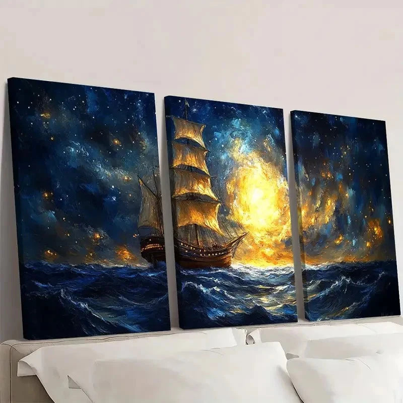 3pcs Starry Night Sky, Surreal Ship Painting J Wall Art Set Canvas Framed 50x70cm - High Quality Print 100% Australian Made Wall Canvas Ready to Hang