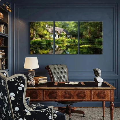 3pcs Serene Cottage & Lush Greenery Scenery Metal Print Ready to Hang Art