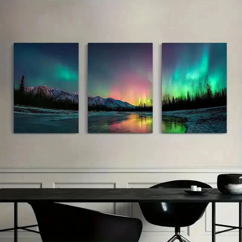 3pcs Northern Lights Over Alaska Art Painting Metal Print Ready to Hang Art