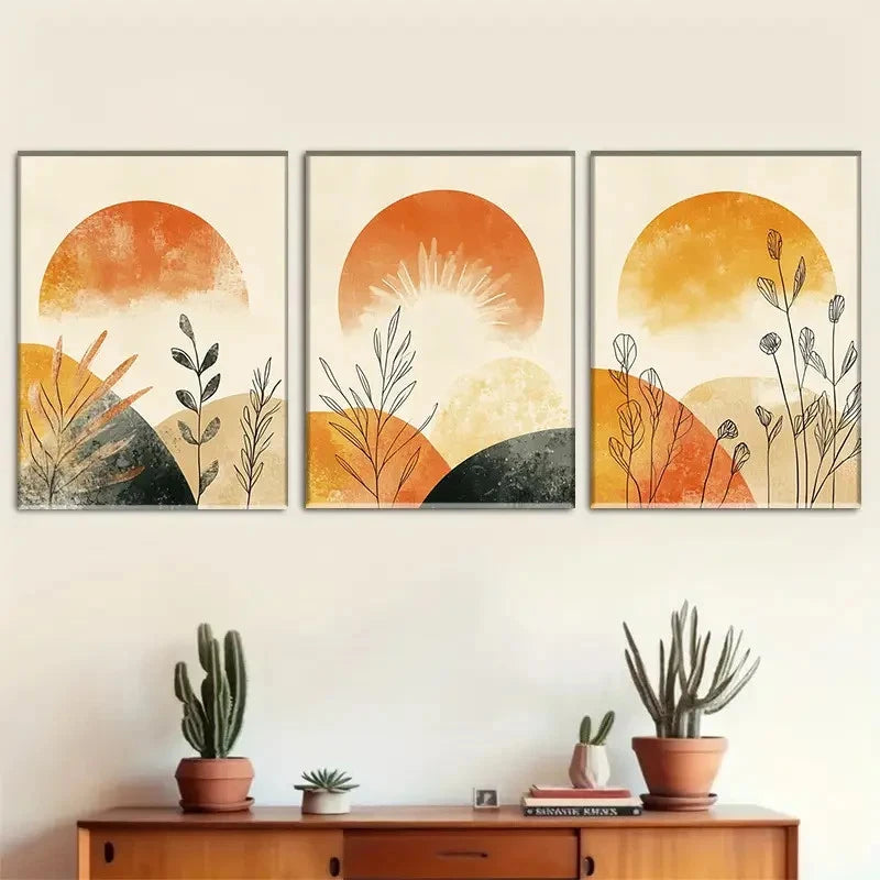 3pcs Sunset & Earthy Plant Pattern Bohemian Style Metal Print Ready to Hang Art