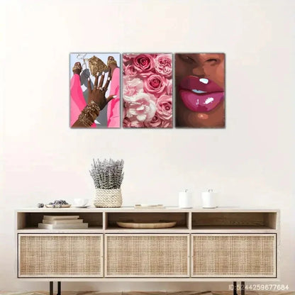 3pcs Pink Rose Art Poster Exquisite Female Metal Print Ready to Hang Art