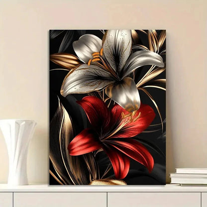 Flower Design, Golden And Red Color Lily Flowers 40x60cm Metal Print Ready to Hang