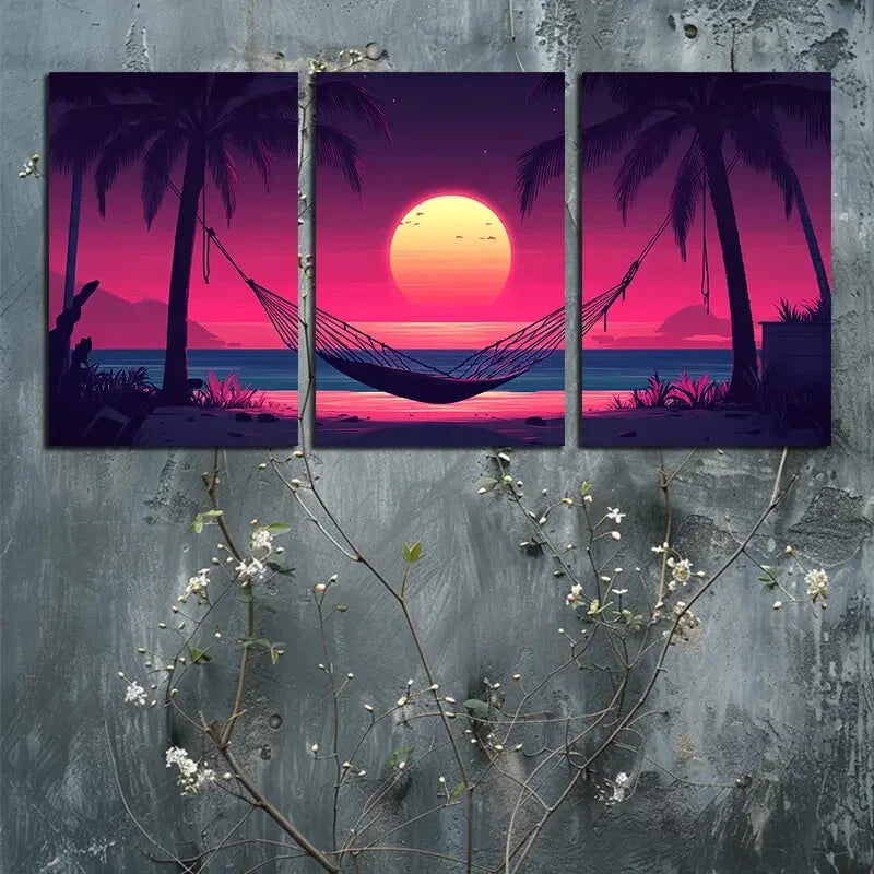 3pcs Vibrant Tropical Hammock Sunset Scene Metal Print Ready to Hang Art