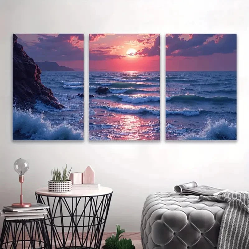 3pcs Sunset Beach Scene with Ocean Waves Wall Art Set Canvas Framed 40x60cm - High Quality Print 100% Australian Made Wall Canvas Ready to Hang