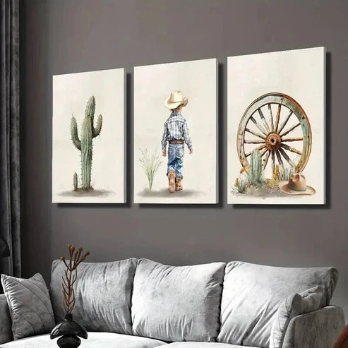 3pcs Green Cactus Cowboy Boy Desert Theme   Art Set Canvas Unframed - High Quality Print 100% Australian Made Wall Canvas
