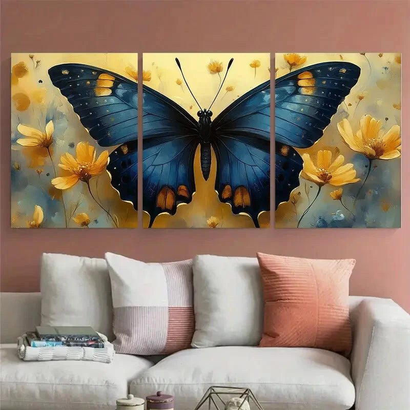 3pcs Elegant Butterfly Blue and Yellow Floral Metal Print Ready to Hang Art