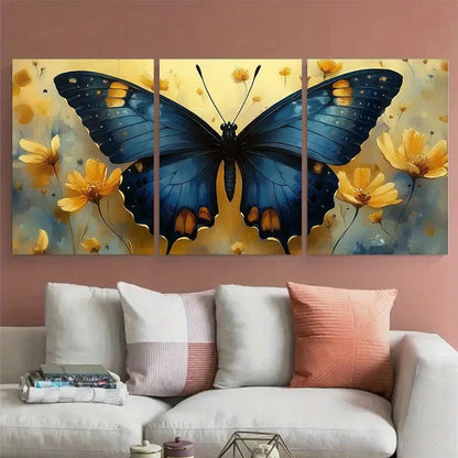 3pcs Elegant Butterfly Blue and Yellow Floral Metal Print Ready to Hang Art