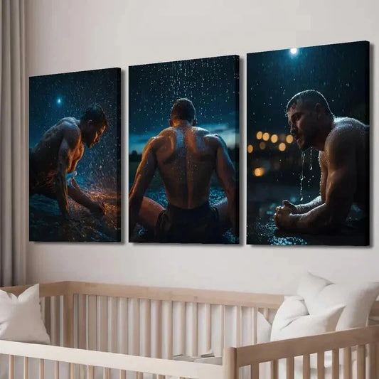 3pcs Gym & Home Rainy Night Athlete Training Wall Art Set Canvas Framed 50x70cm - High Quality Print 100% Australian Made Wall Canvas Ready to Hang