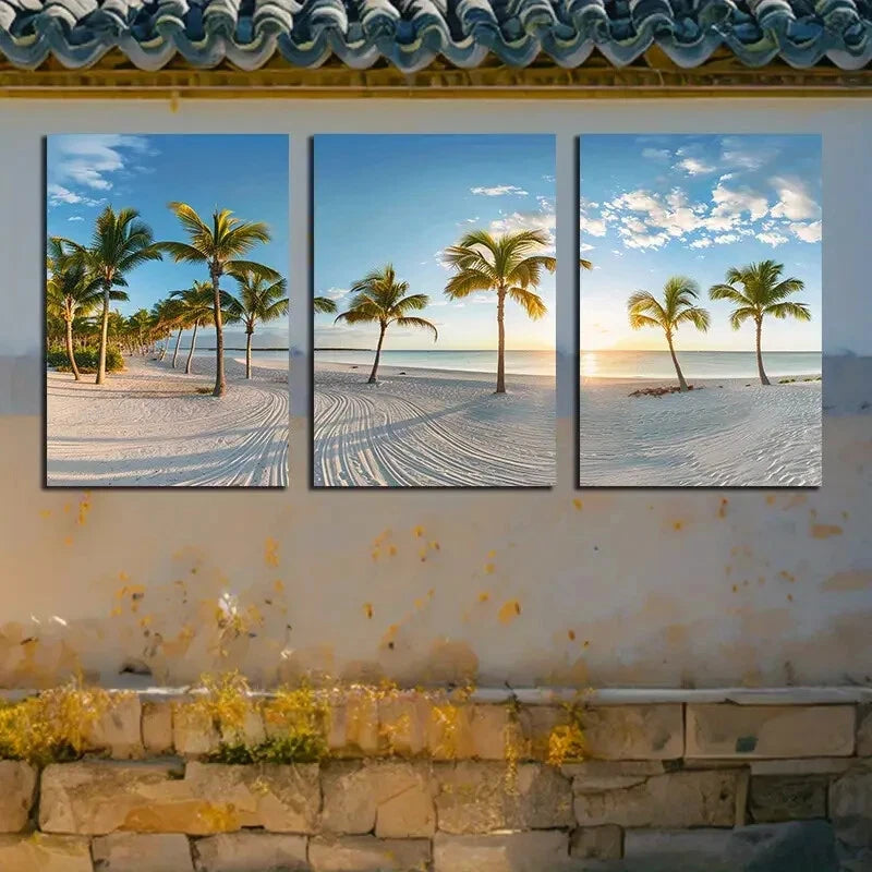 3pcs Beautiful Palm Trees on The Beautiful Beach Metal Print Ready to Hang Art