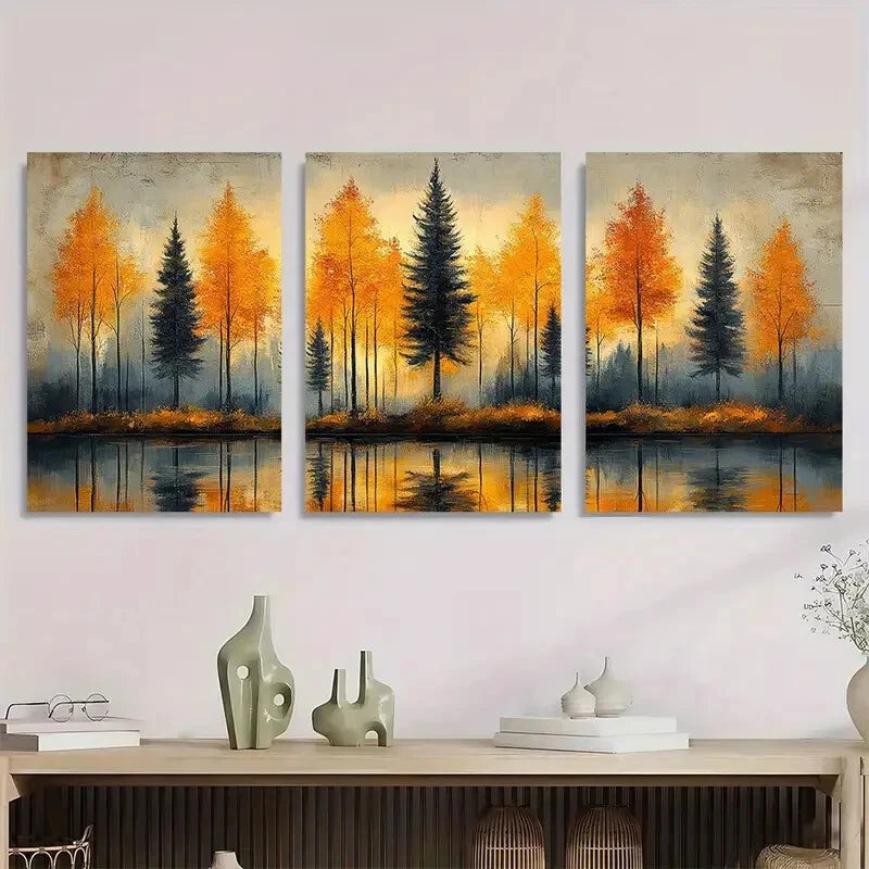 3pcs Modern Abstract Trees Vibrant Autumn Metal Print Ready to Hang Art