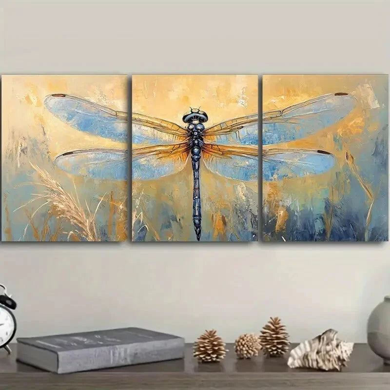 3pcs Modern Large Blue Dragonfly Metal Print Ready to Hang Art
