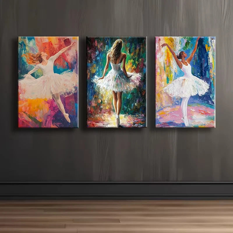 3pcs Elegant Ballerina Vibrant Illustration Wall Art Set Canvas Framed 60x90cm - High Quality Print 100% Australian Made Wall Canvas Ready to Hang
