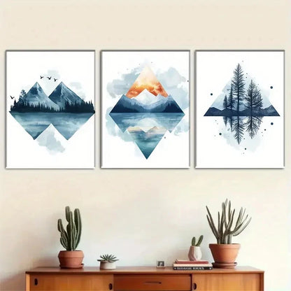 3pcs Geometric Mountain Forest Triptych Metal Print Ready to Hang Art