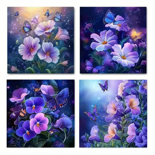 4pcs Purple,Blue, & Yellow Flowers,Sparkling But Wall Art Canvas Framed