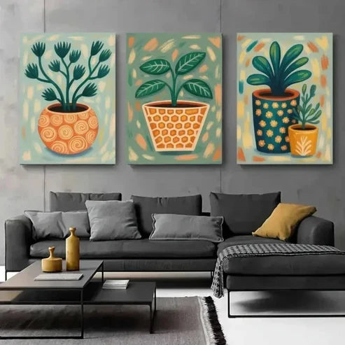3pcs Botanical Green Leaves & Potted Wall Art Set Canvas Unframed - High Quality Print 100% Australian Made Wall Canvas